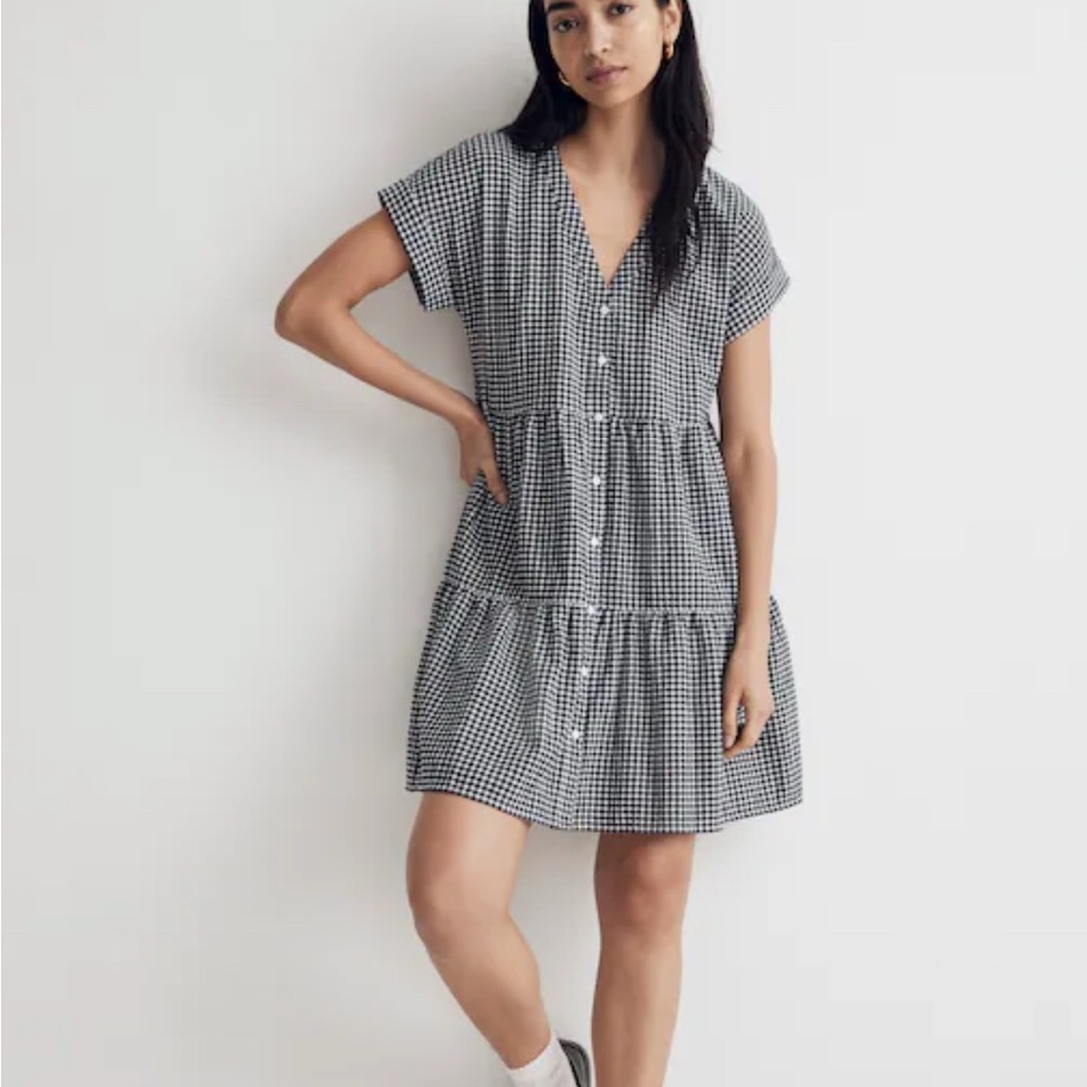 Madewell Cuff-Sleeve Button-Front Tiered Mini‎ Dress in Gingham Check indigo